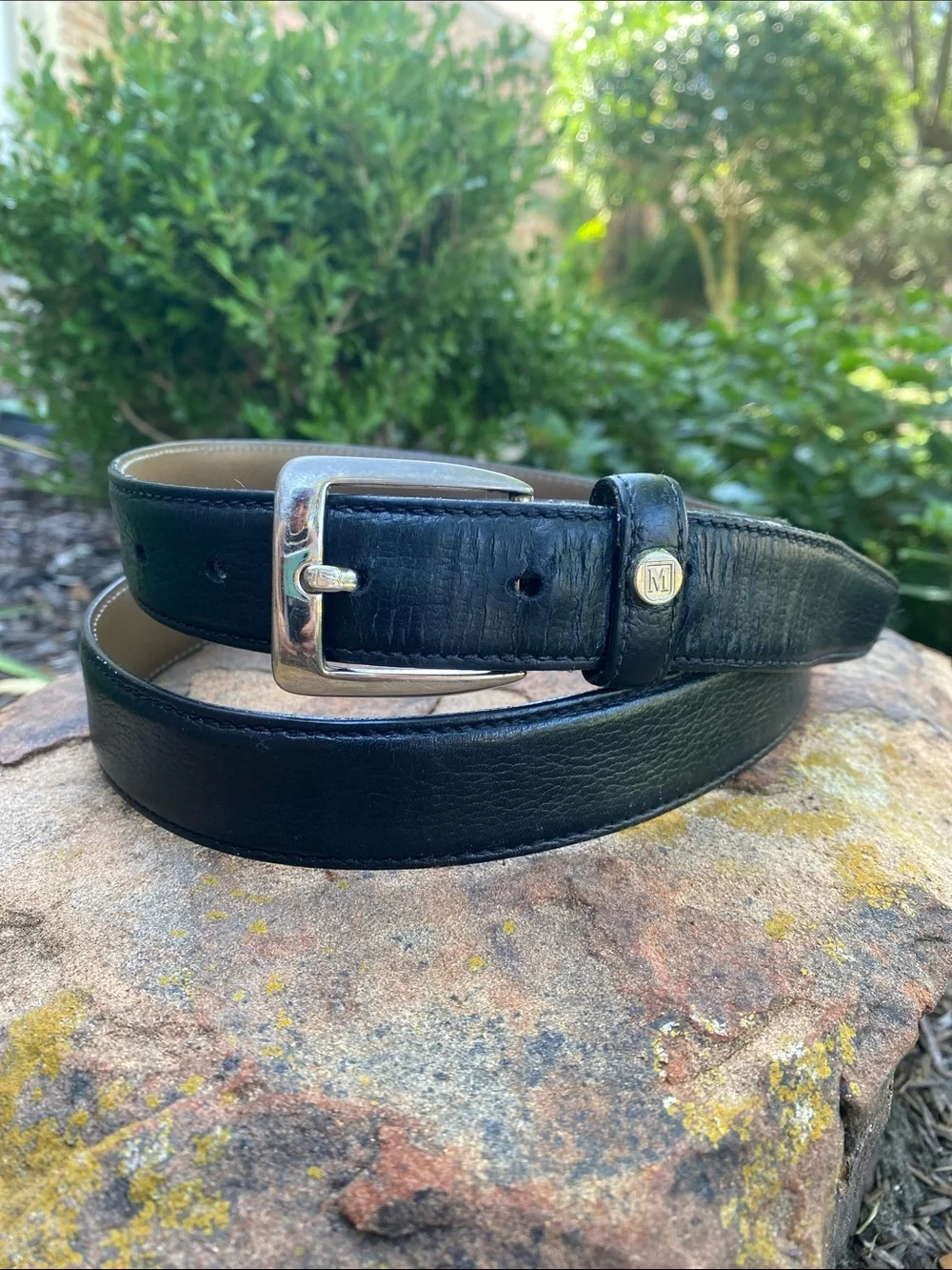 Bruno Magli Black Leather Belt  with Silver tone brass buckle  Made in Italy